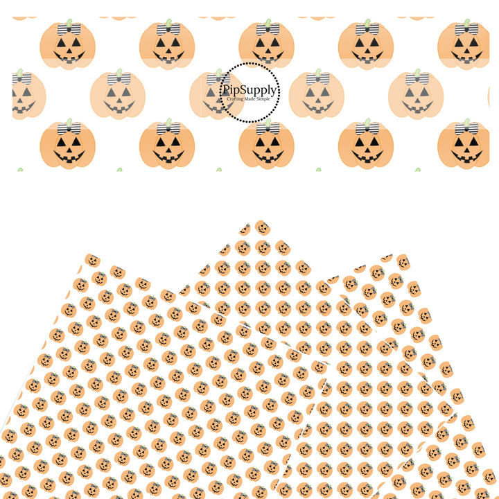 These Halloween themed pattern faux leather sheets contain the following design elements: orange pumpkins with bows. Our CPSIA compliant faux leather sheets or rolls can be used for all types of crafting projects.