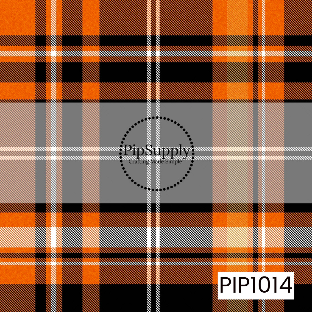 A classic Halloween plaid featuring bold orange, black, tan, white, and gray stripes in a timeless tartan pattern. The warm seasonal color palette makes it perfect as a coordinating print for spooky and fall-themed projects.
