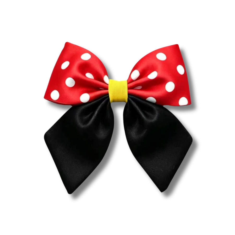 This classic character-inspired bow features bright red satin top loops accented with bold white polka dots, paired with sleek black satin tails for a striking contrast. A vibrant yellow center wrap brings the design together, creating a look reminiscent of a beloved mouse-inspired theme. The smooth satin finish and iconic color combination make this bow a timeless accessory for themed outfits, park visits, celebrations, or everyday wear.
SIZE: 4"X 5"