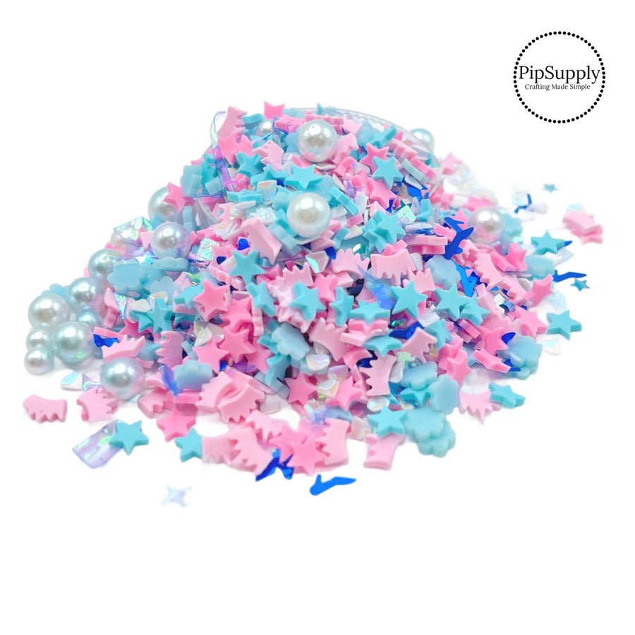 stars, pearls and glass slipper glitter and clay mix. You can use it to add sparkle and decoration to resin projects, filling for shaker bows, slime making, party decor, scrapbooking, card making and nail art.

 This loose clay mix is sold in a resealable 1 oZ Bag

- Material: Polymer Clay and Glitter