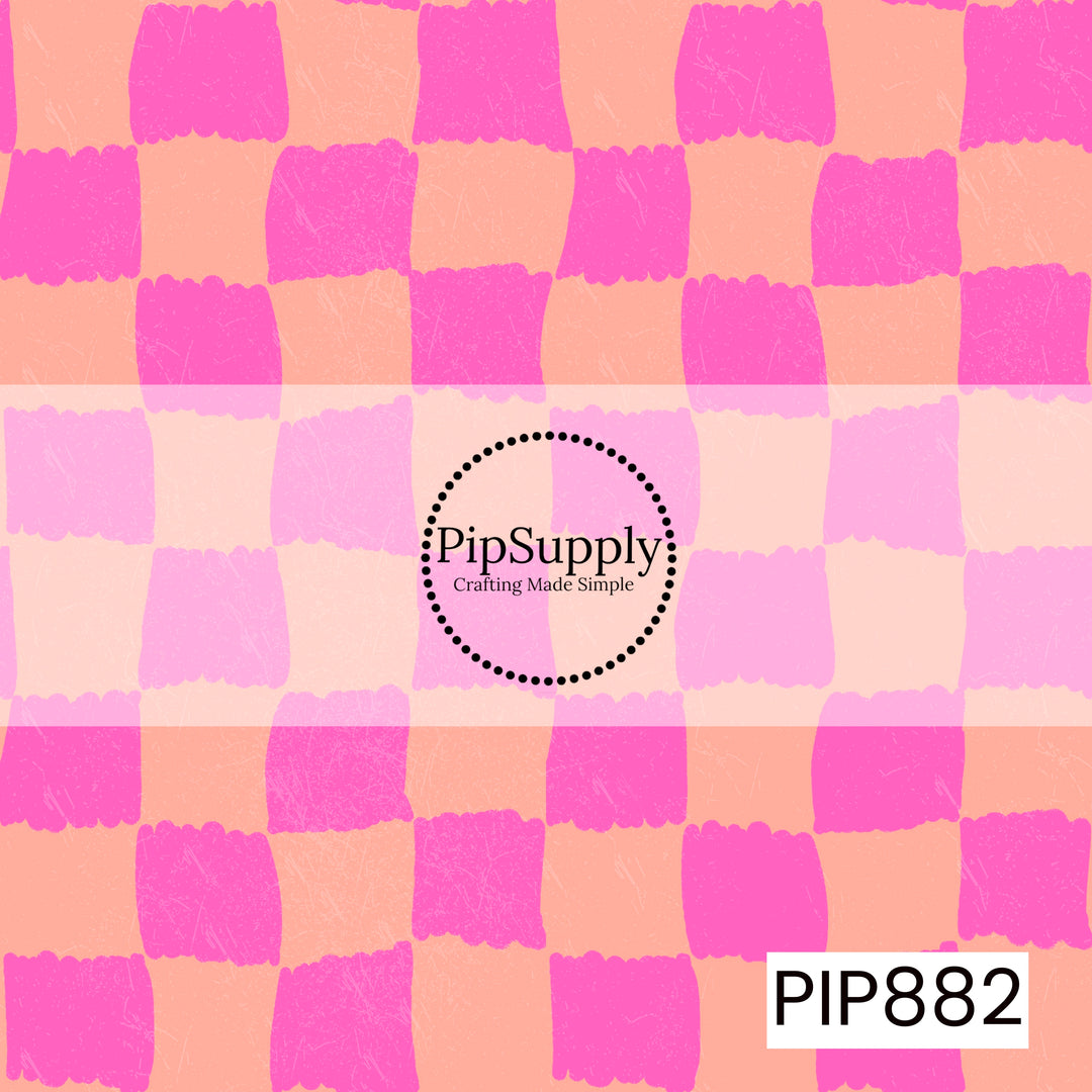 A vibrant hand-painted checkerboard pattern featuring alternating hot pink and soft coral-peach squares. The checks have uneven, brushstroke-style edges that create an organic, handcrafted look. A subtle distressed texture overlays the design, adding depth and a lightly weathered finish. Bright, playful, and modern with a bold pink color palette.
