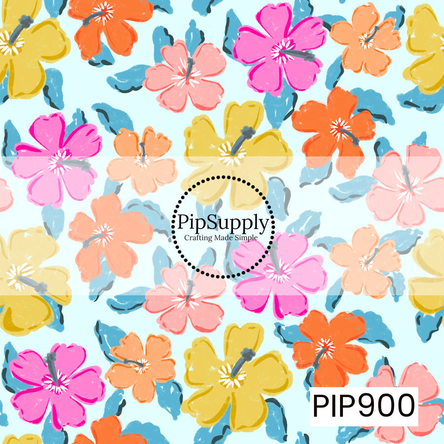 A vibrant tropical floral pattern featuring hand-painted hibiscus-style blooms in bright pink, coral, peach, orange, and sunny yellow. Soft blue leaves are scattered throughout the design, creating a fresh coastal feel against a light blue background. The cheerful color palette and painterly brushstrokes evoke tropical gardens, sunny beaches, and carefree summer days.
