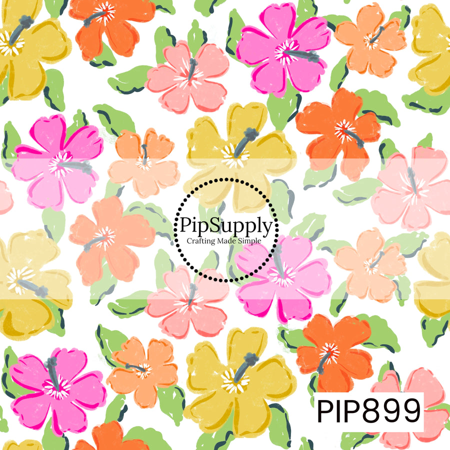 A vibrant tropical floral pattern featuring hand-painted hibiscus-style blooms in bright pink, coral, peach, orange, and sunny yellow. Scattered green leaves weave throughout the design, creating a lush, island-inspired look. The watercolor-inspired brushstrokes and cheerful color palette give the pattern a fresh, playful feel reminiscent of tropical gardens and coastal escapes.
