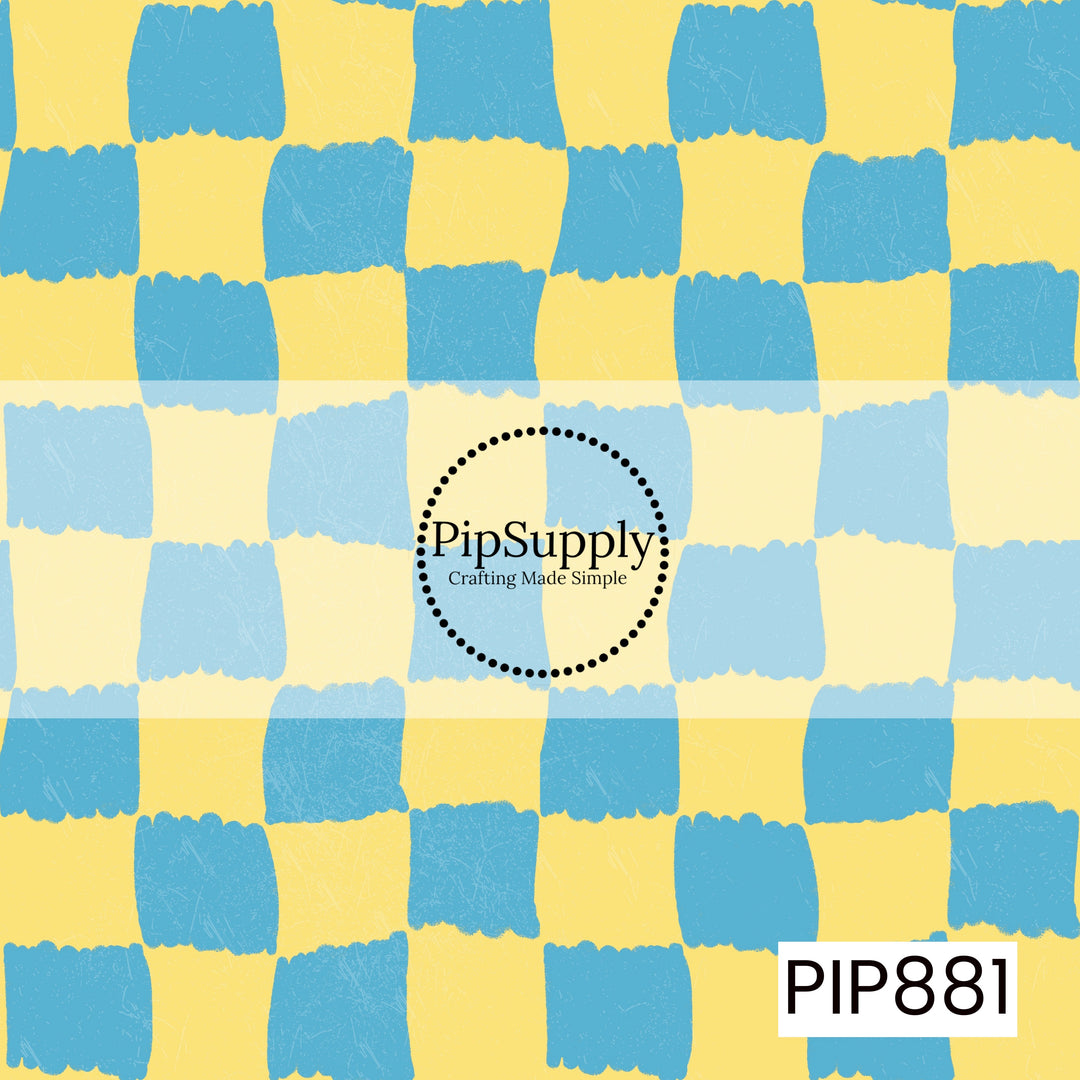 A playful hand-painted check pattern featuring alternating sky blue and buttery yellow squares. Each square has an organic brushstroke texture with softly uneven edges, creating a relaxed, artistic look. 