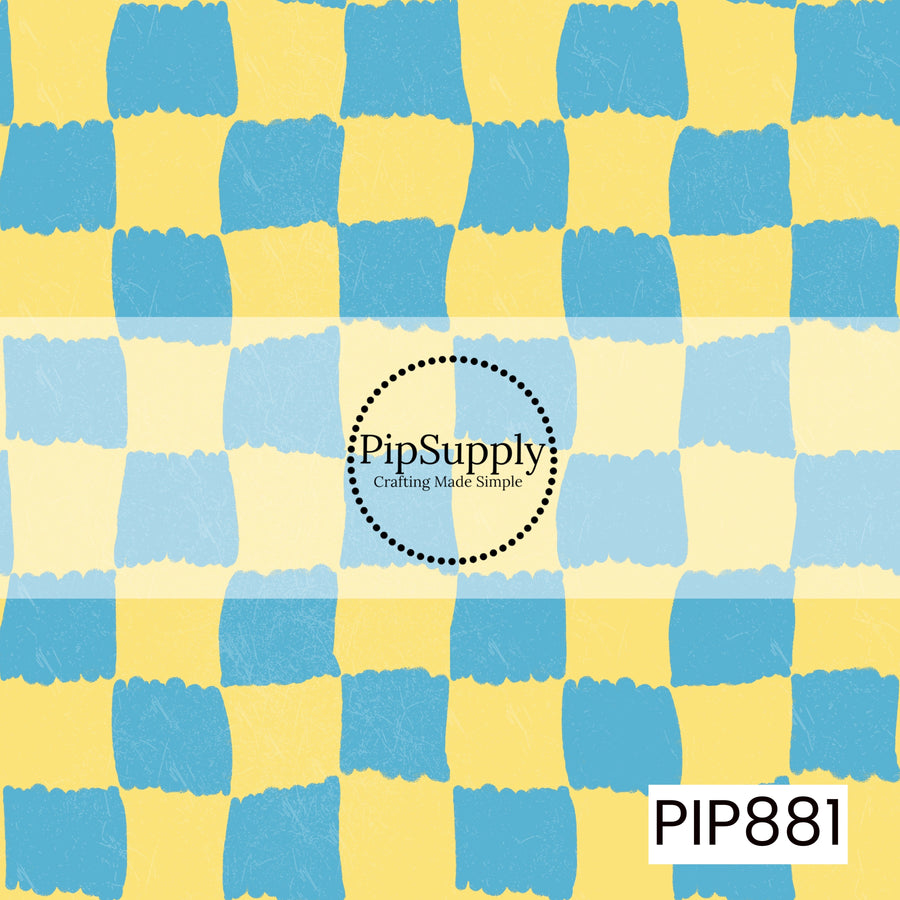 A playful hand-painted check pattern featuring alternating sky blue and buttery yellow squares. Each square has an organic brushstroke texture with softly uneven edges, creating a relaxed, artistic look. 