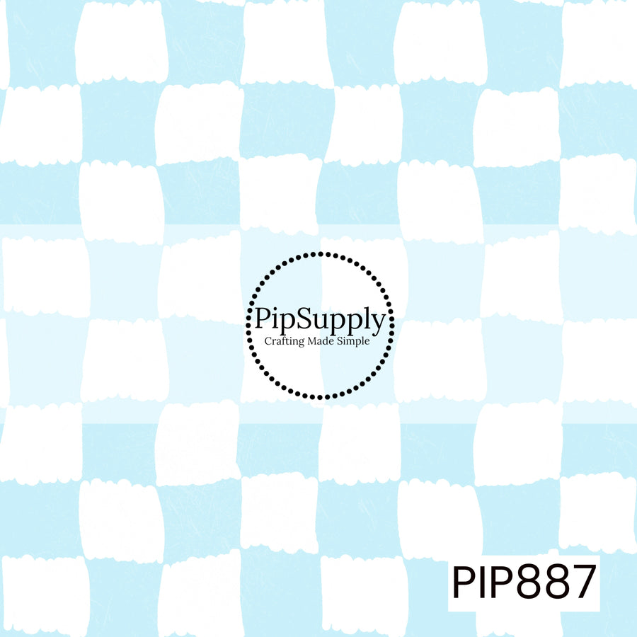 A playful hand-painted checkerboard pattern featuring alternating crisp white and soft pastel blue squares. The checks have irregular, brushstroke-style edges that create an organic, handcrafted appearance. A subtle distressed texture is layered throughout, adding depth and a lightly weathered finish. Light, airy, and refreshing with a clean coastal-inspired color palette that evokes clear skies, ocean breezes, and seaside charm.
