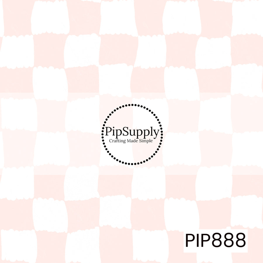 A playful hand-painted checkerboard pattern featuring alternating crisp white and soft blush pink squares. The checks have irregular, brushstroke-style edges that create an organic, handcrafted appearance. A subtle distressed texture is layered throughout, adding depth and a lightly weathered finish. Delicate, airy, and elegant with a gentle pastel color palette that evokes coastal charm, sweetness, and timeless simplicity.
