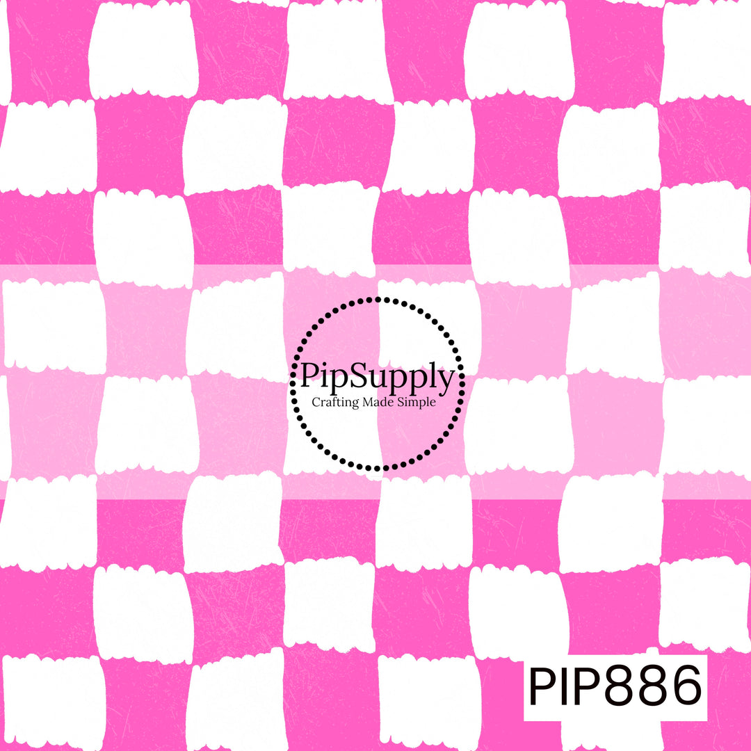 A playful hand-painted checkerboard pattern featuring alternating crisp white and vibrant hot pink squares. The checks have irregular, brushstroke-style edges that create an organic, handcrafted appearance. A subtle distressed texture is layered throughout, adding depth and a lightly weathered finish. Bold, bright, and energetic with a cheerful pink-and-white color palette that feels fun, modern, and whimsical.
