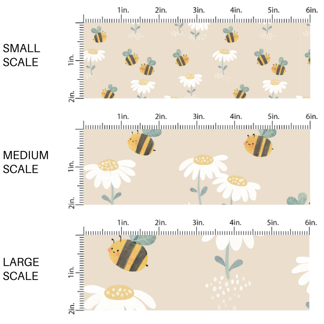 Yellow Bumblebees and White Coneflowers on Beige Fabric by the Yard scaled image guide.