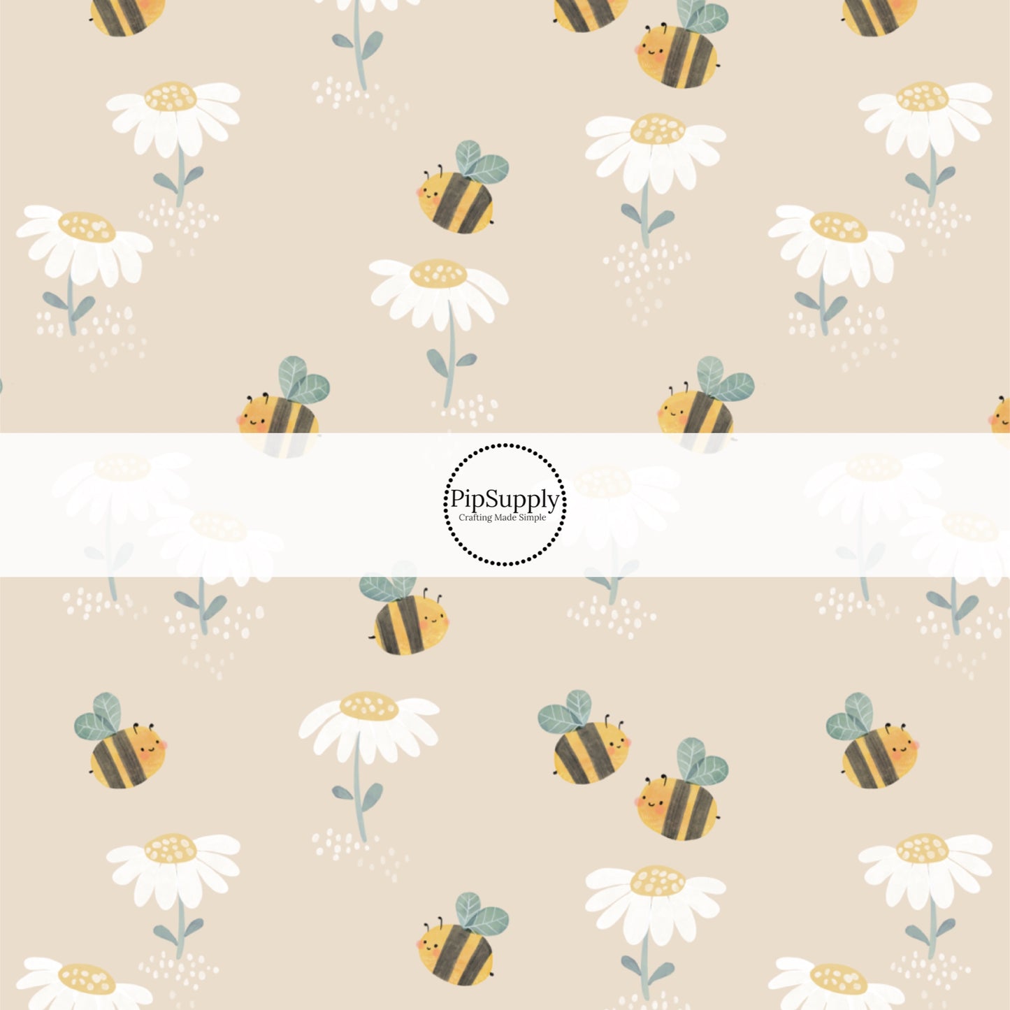 Yellow Bumblebees and White Coneflowers on Beige Fabric by the Yard