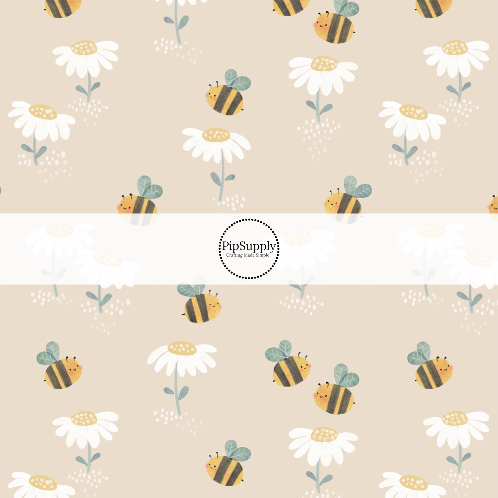 Yellow Bumblebees and White Coneflowers on Beige Fabric by the Yard