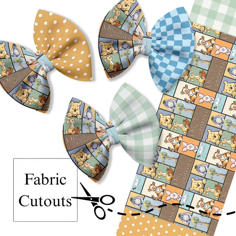 Fabric bow cutouts featuring Pooh characters in a patchwork comic-style print paired with coordinating mustard polka dot, blue checkered, and sage green gingham bow pieces.