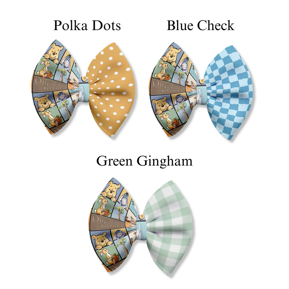 Fabric bow cutouts featuring Pooh characters in a patchwork comic-style print paired with coordinating mustard polka dot, blue checkered, and sage green gingham bow pieces.