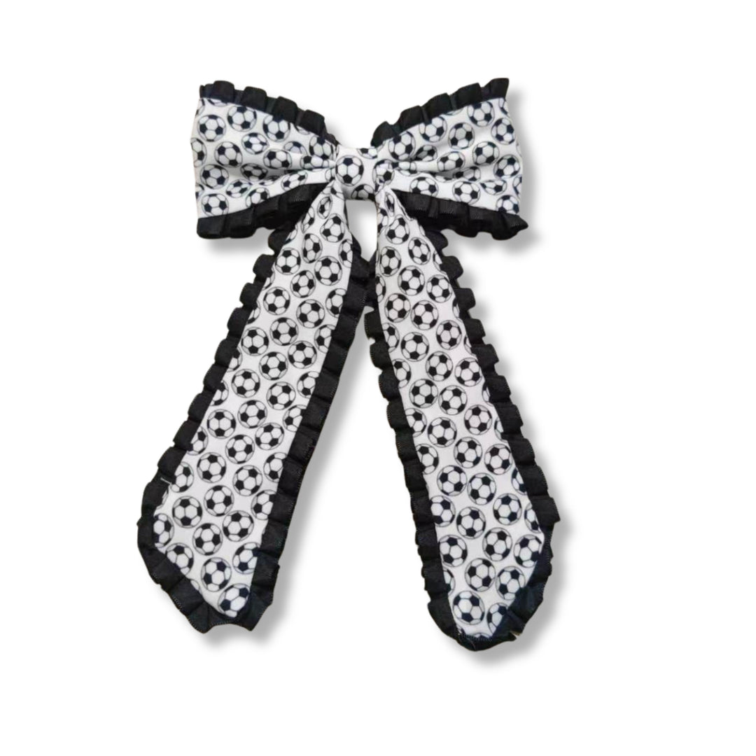 Soccer Ruffle Long Tail Hair Tied Bow w/ Clip