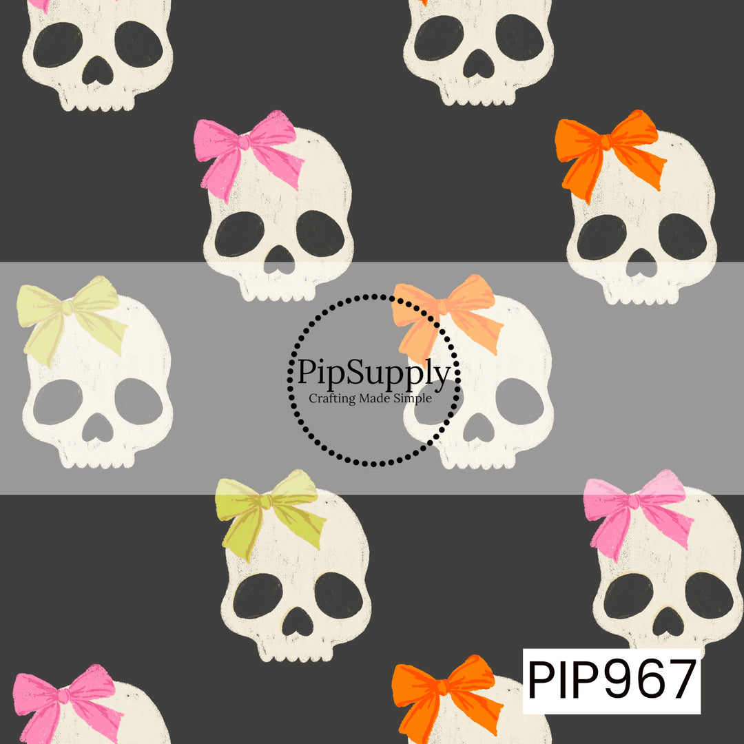 A seamless pattern featuring ivory skulls adorned with bright bows in pink, orange, peach, and lime green, scattered across a dark charcoal background. The distressed, hand-painted texture gives the playful Halloween design a vintage coquette feel with bold contrast and colorful accents.
