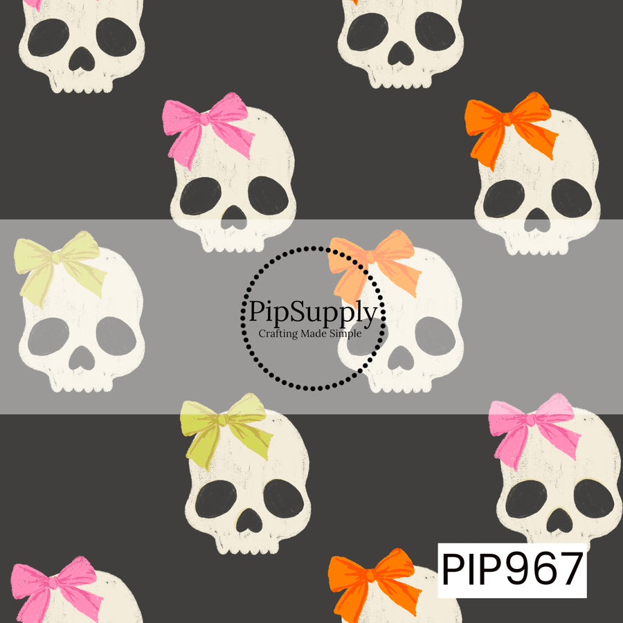 A seamless pattern featuring ivory skulls adorned with bright bows in pink, orange, peach, and lime green, scattered across a dark charcoal background. The distressed, hand-painted texture gives the playful Halloween design a vintage coquette feel with bold contrast and colorful accents.
