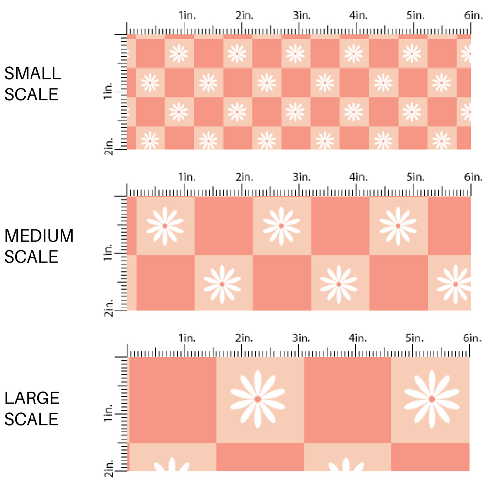 White Daisies on Coral Checkered Print Fabric by the Yard scaled image guide.