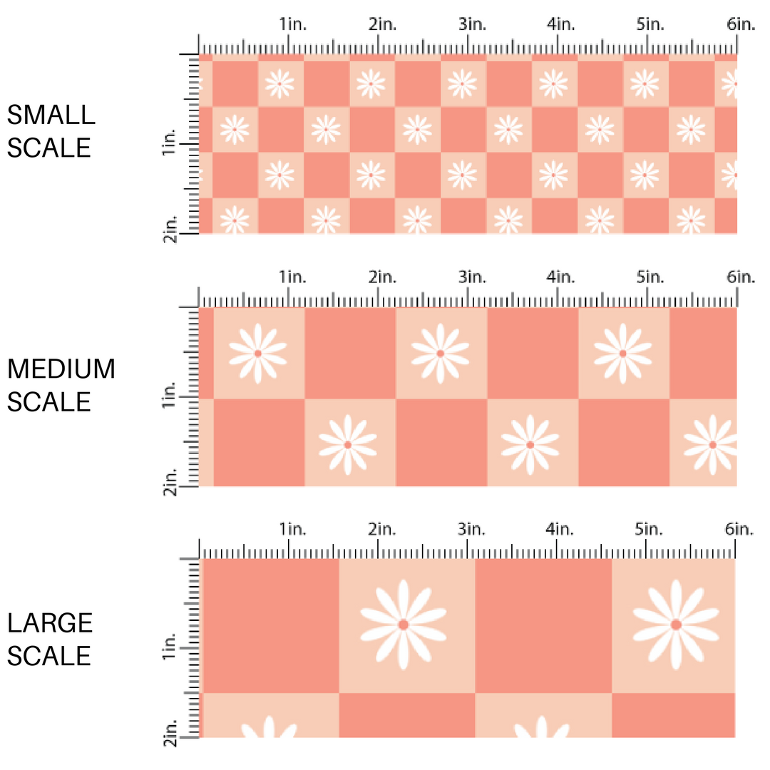 White Daisies on Coral Checkered Print Fabric by the Yard scaled image guide.