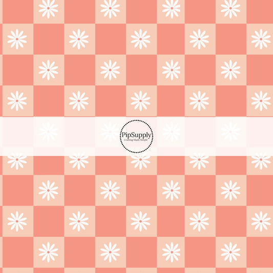White Daisies on Coral Checkered Print Fabric by the Yard.