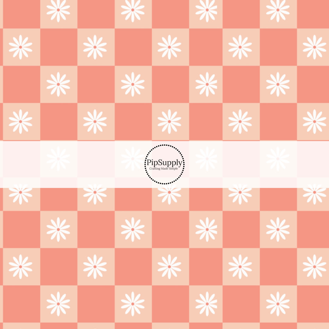 White Daisies on Coral Checkered Print Fabric by the Yard.