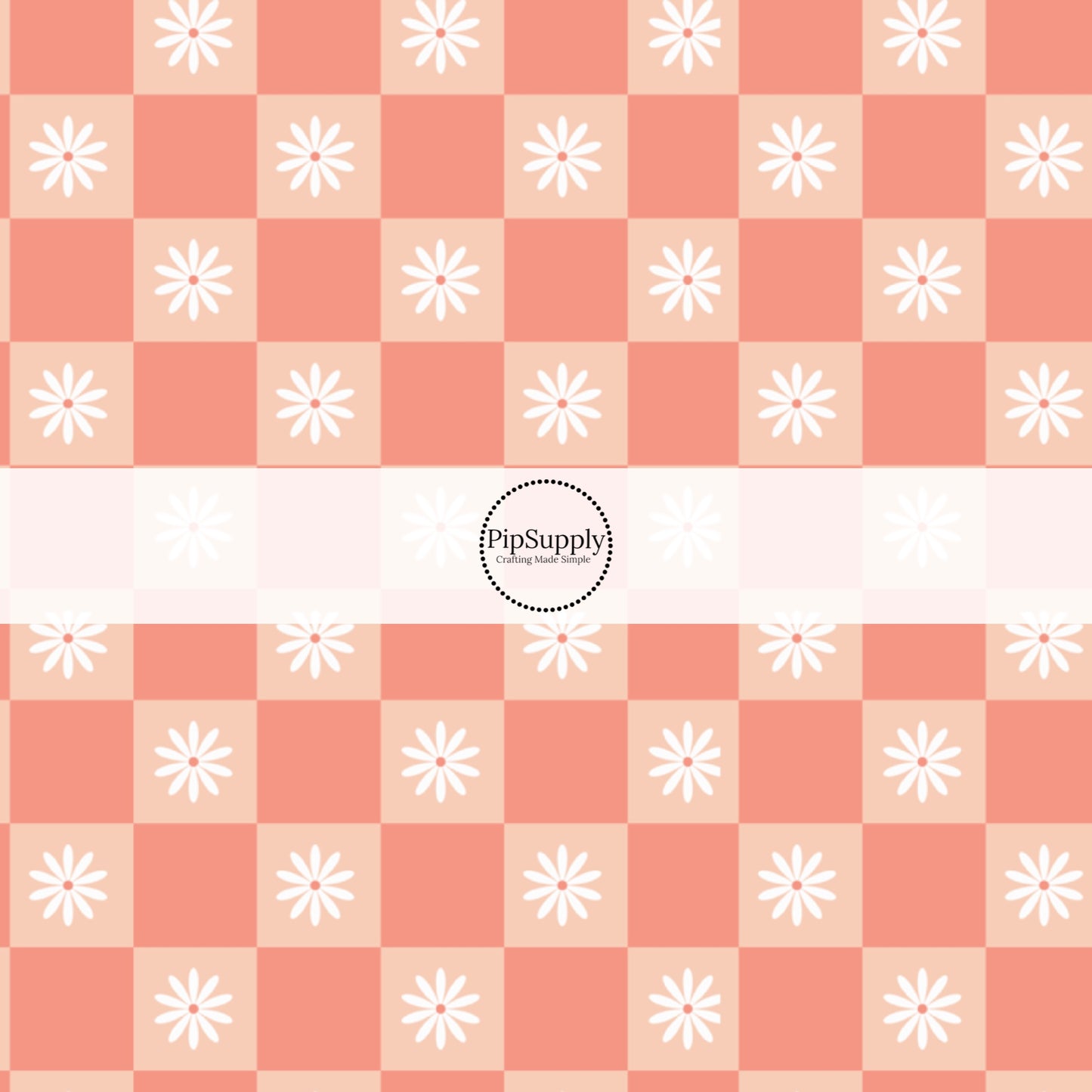 White Daisies on Coral Checkered Print Fabric by the Yard.