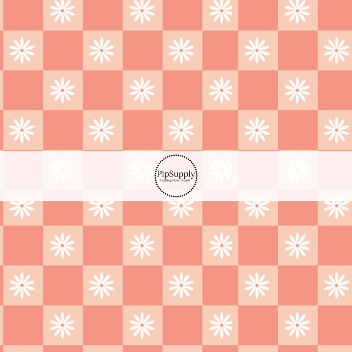 White Daisies on Coral Checkered Print Fabric by the Yard.