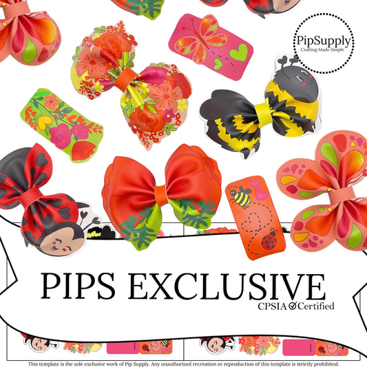 orange and red flowers and bugs on faux leather to make shaped hair bows