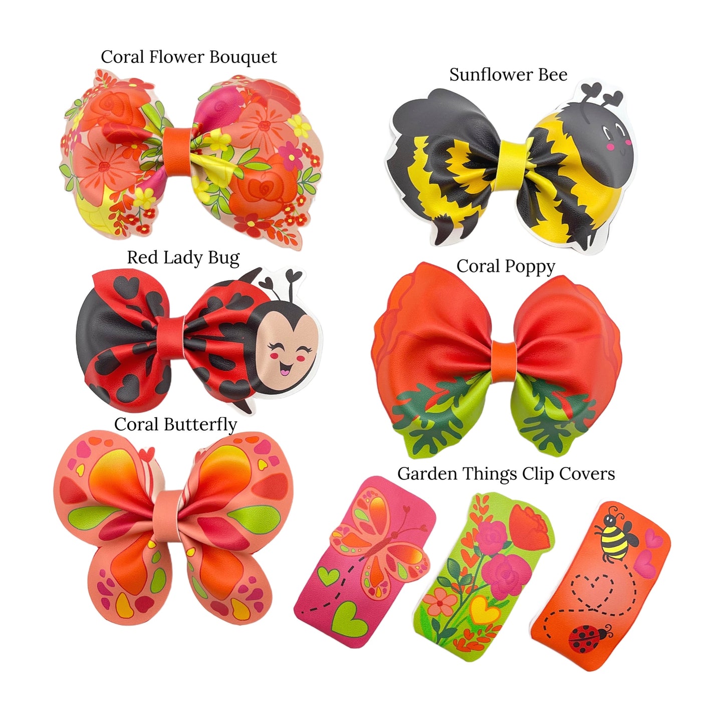 bright yellow red and orange flower and bug designs on faux leather for hand cut hair bows