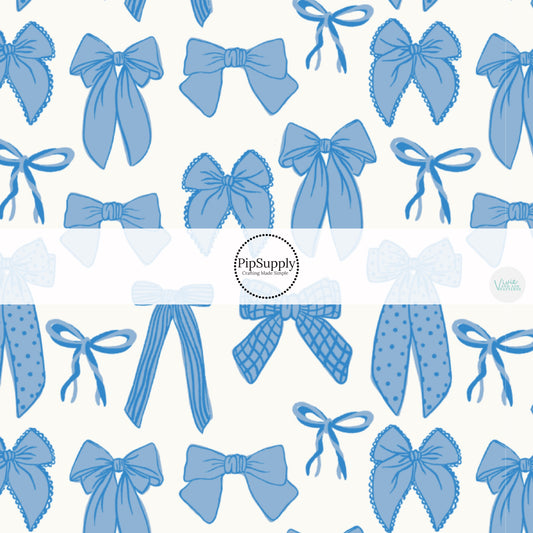 Cornflower Blue Ribbons and Bows on White Fabric by the Yard.