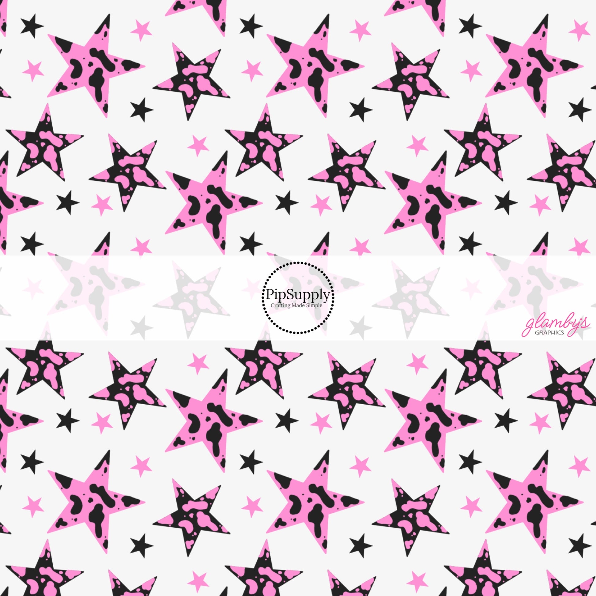 Pink and Black Cow Print Stars on Pale Pink Fabric by the Yard.
