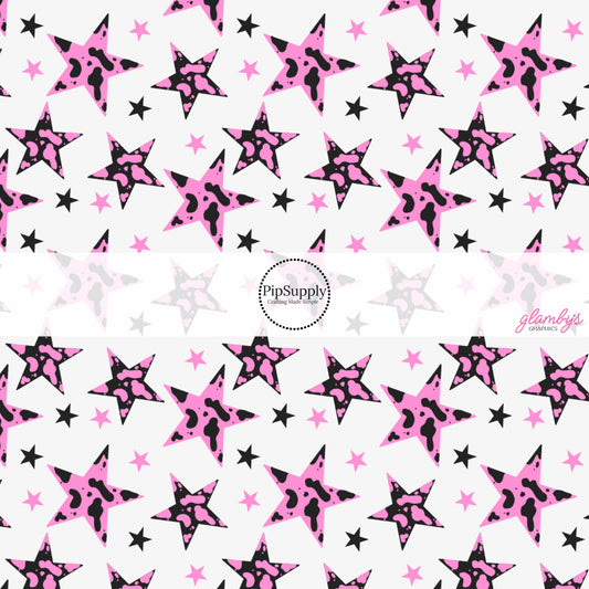 Pink and Black Cow Print Stars on Pale Pink Fabric by the Yard.