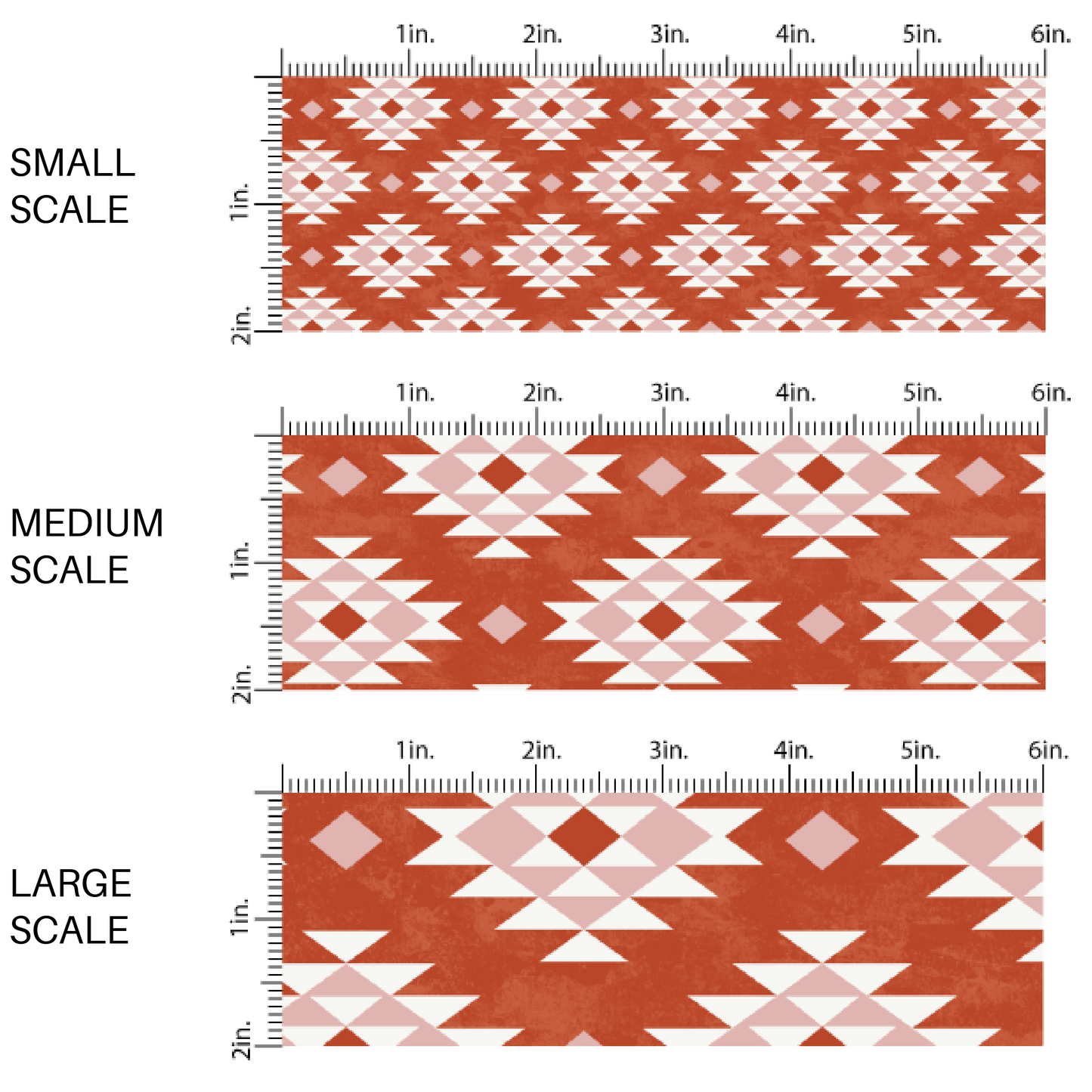 This scale chart of small scale, medium scale, and large scale of these holiday pattern themed fabric by the yard features Western aztec pattern in rust, light pink, and ivory. This fun Christmas fabric can be used for all your sewing and crafting needs!