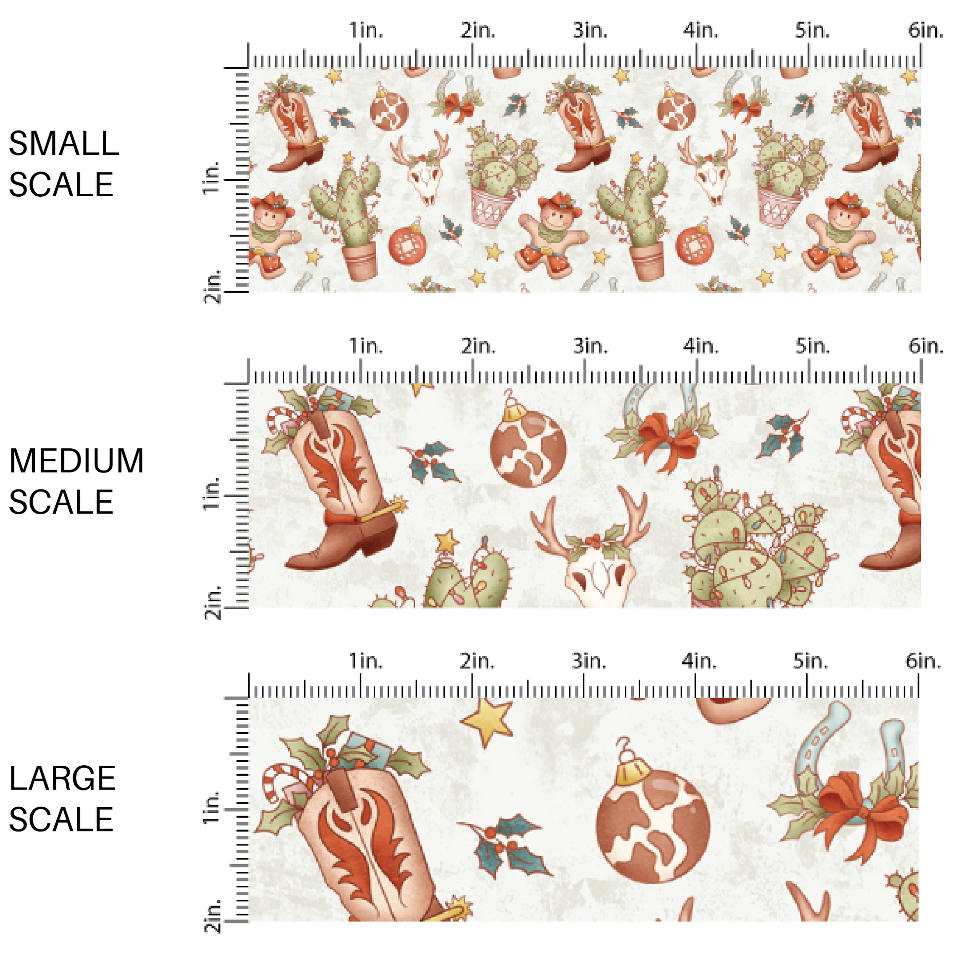 This scale chart of small scale, medium scale, and large scale of these holiday pattern themed fabric by the yard features Western boots and items decorated for Christmas. This fun Christmas fabric can be used for all your sewing and crafting needs!