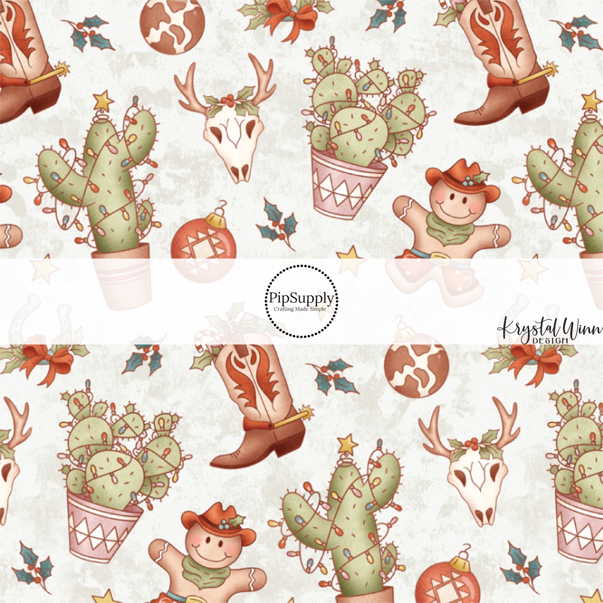 These holiday pattern themed fabric by the yard features Western boots and items decorated for Christmas. This fun Christmas fabric can be used for all your sewing and crafting needs!