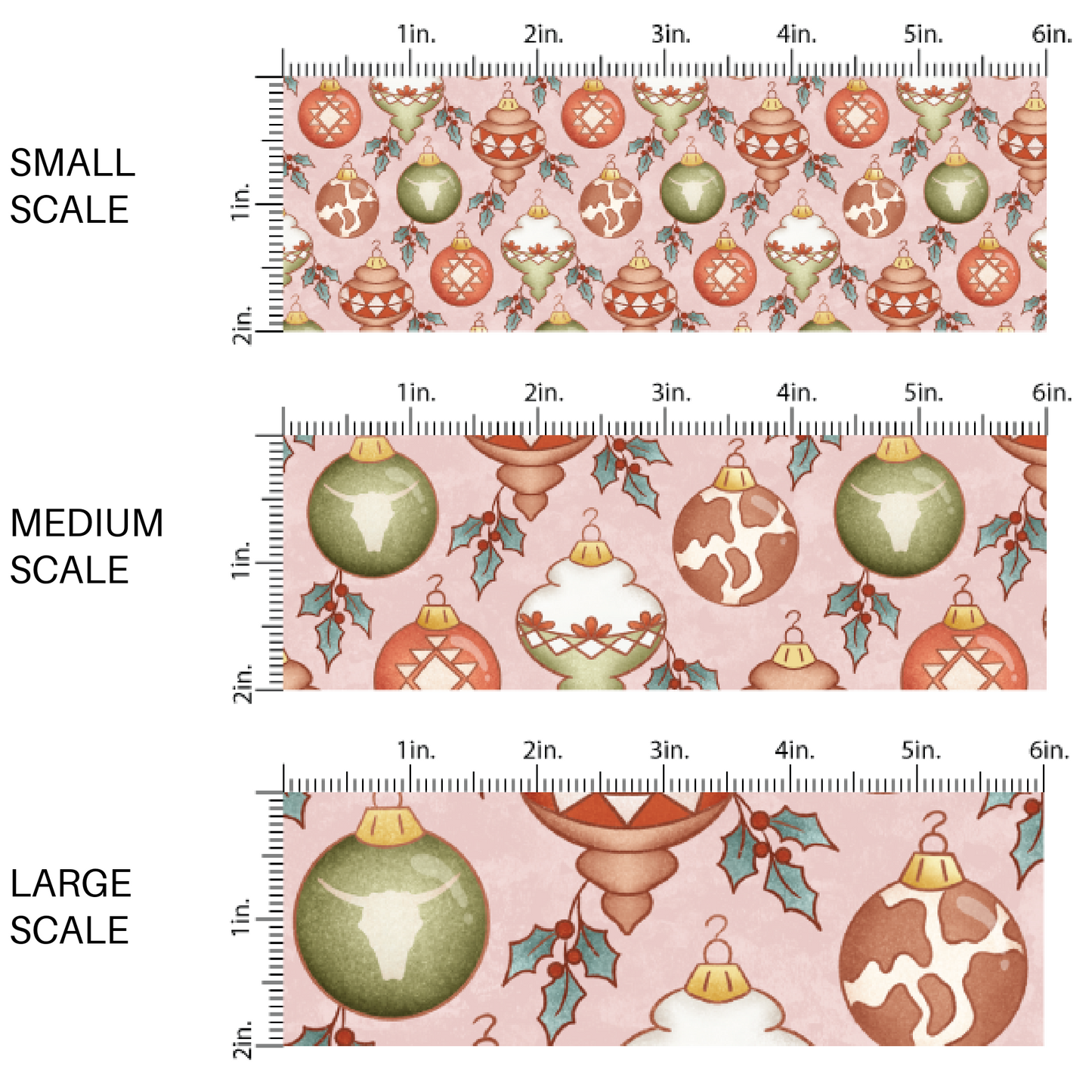 This scale chart of small scale, medium scale, and large scale of these holiday pattern themed fabric by the yard features Western themed Christmas ornaments on light pink. This fun Christmas fabric can be used for all your sewing and crafting needs!