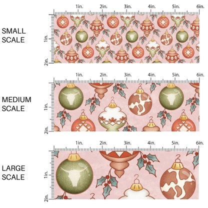 This scale chart of small scale, medium scale, and large scale of these holiday pattern themed fabric by the yard features Western themed Christmas ornaments on light pink. This fun Christmas fabric can be used for all your sewing and crafting needs!