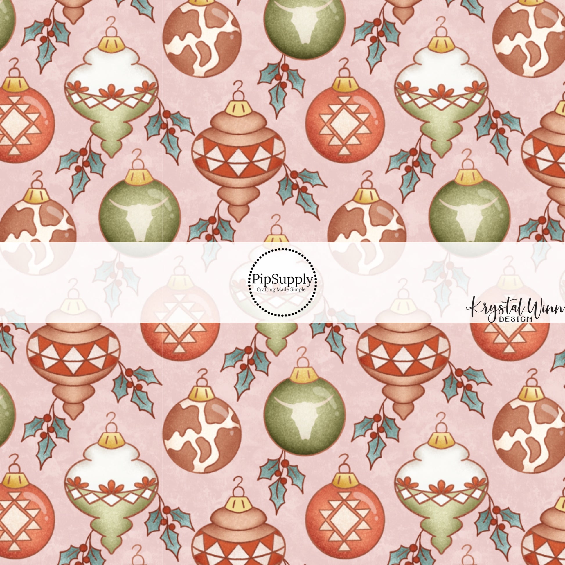 These holiday pattern themed fabric by the yard features Western themed Christmas ornaments on light pink. This fun Christmas fabric can be used for all your sewing and crafting needs!