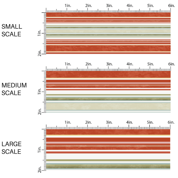 This scale chart of small scale, medium scale, and large scale of these holiday pattern themed fabric by the yard features light green, cream, and red stripes. This fun Christmas fabric can be used for all your sewing and crafting needs!