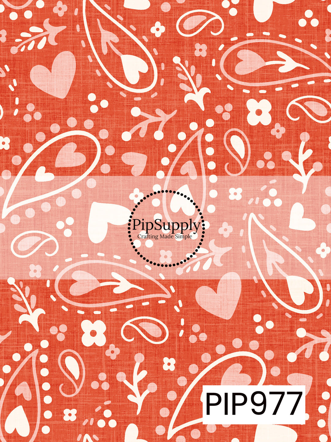 A bright western-inspired Valentine pattern featuring white and blush pink bandana paisley, hearts, florals, and dotted accents on a vibrant red linen-textured background. Perfect for Valentine's Day, western-themed projects, and handmade accessories.

