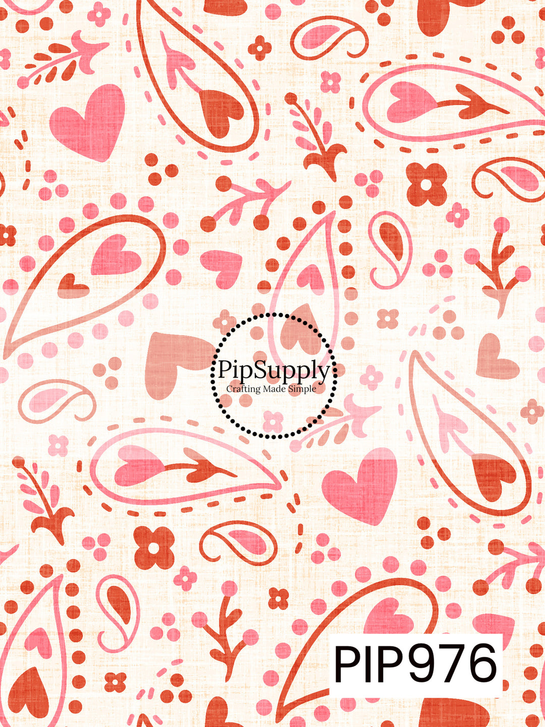 A playful Valentine pattern featuring pink and red western-inspired bandana paisley, hearts, florals, dots, and whimsical accents scattered across a soft cream linen-textured background. Perfect for adding a fun cowboy Valentine touch to any project.
