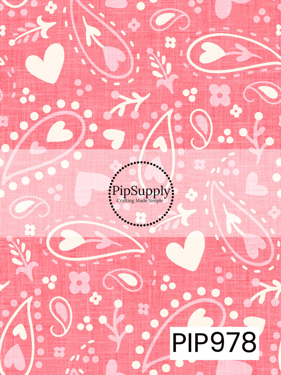 A sweet western-inspired Valentine pattern featuring white and soft pink bandana paisley, hearts, florals, and dotted accents on a bright pink linen-textured background. Perfect for Valentine's Day, western-themed projects, and handmade accessories.

