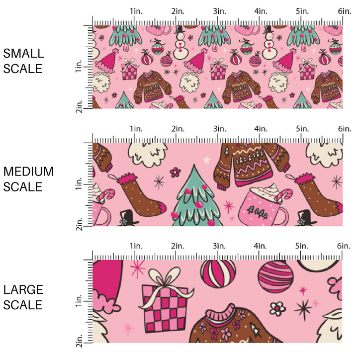 Pink fabric by the yard scaled image guide with Christmas sweaters, hot cocoa, snowmen, and ornaments.