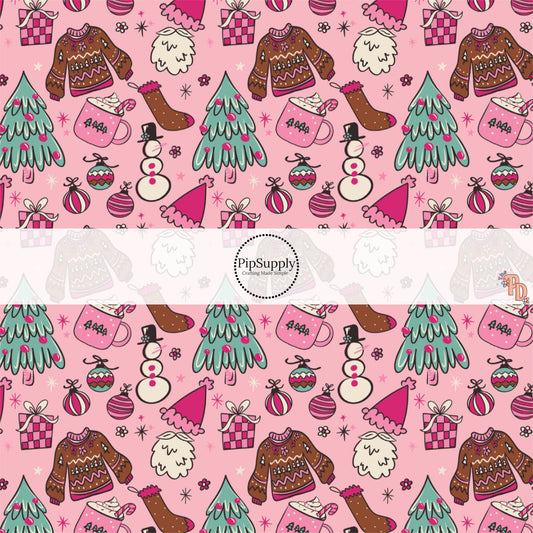 Pink fabric by the yard with Christmas sweaters, hot cocoa, snowmen, and ornaments.