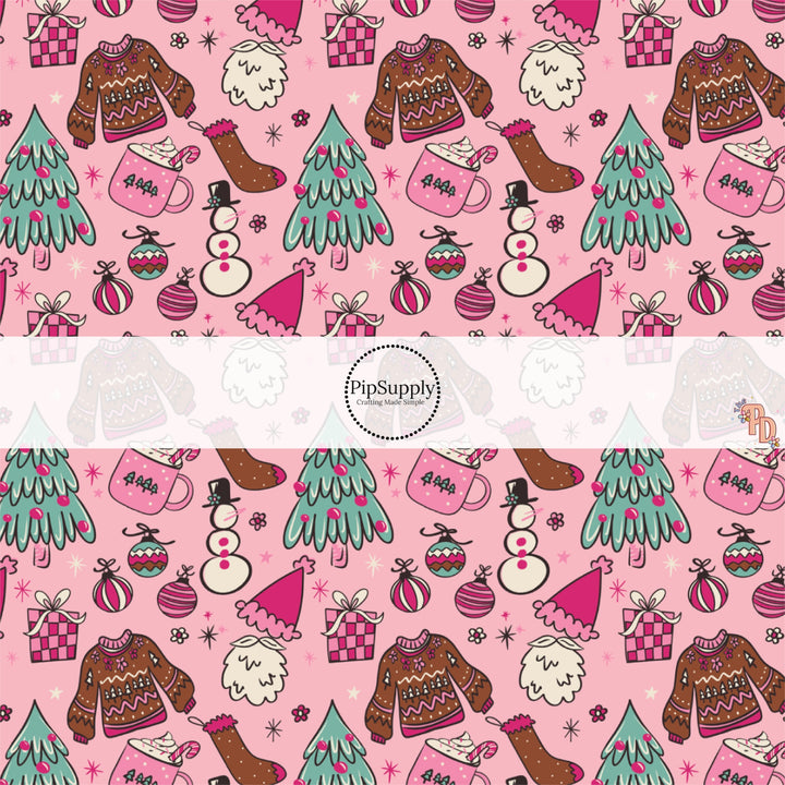 Pink fabric by the yard with Christmas sweaters, hot cocoa, snowmen, and ornaments.