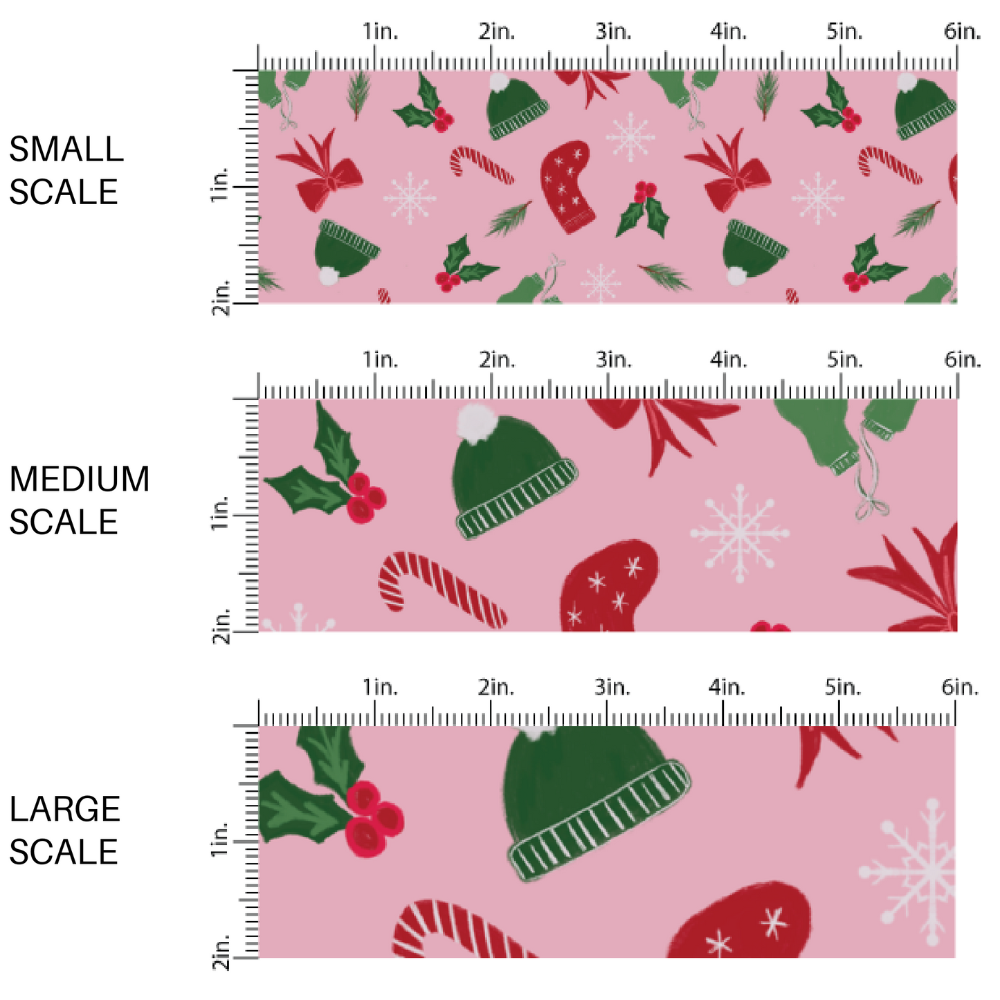 Pink fabric by the yard scaled image guide with mittens, candy canes, hats, and snowflakes.