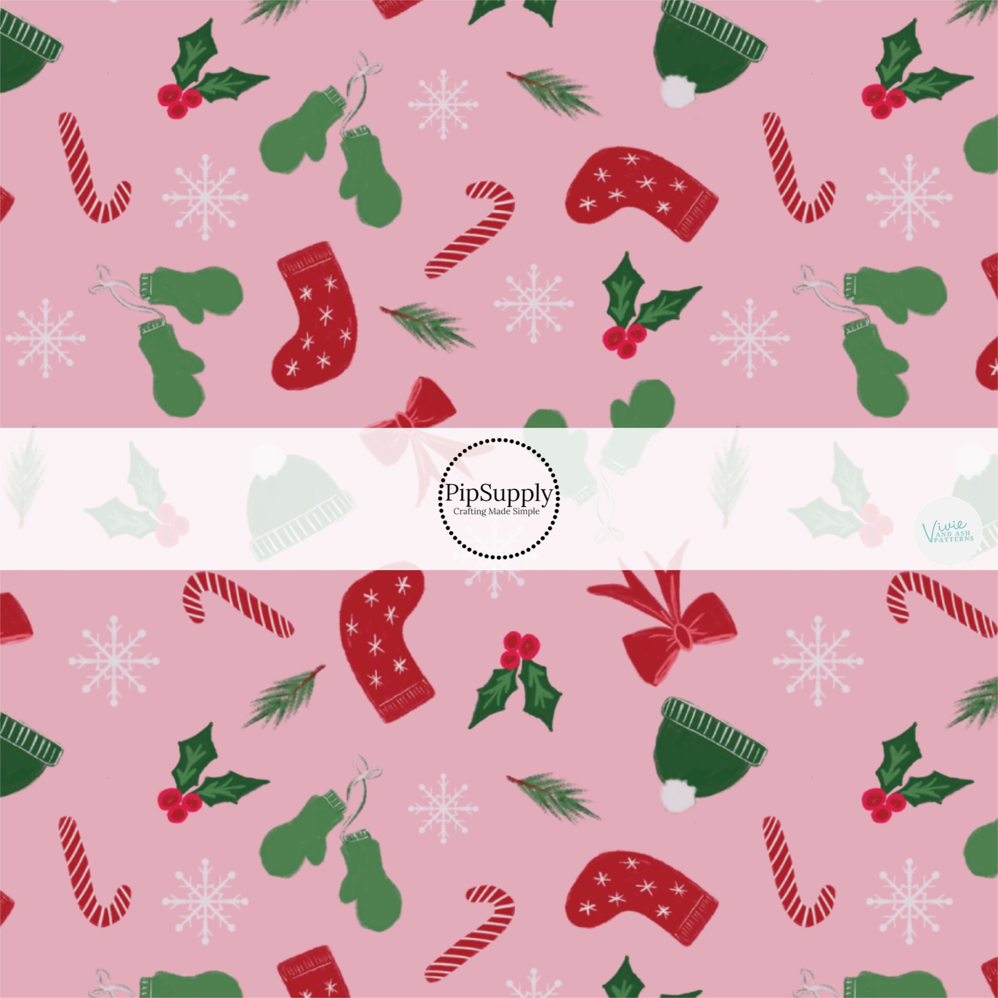 Pink fabric by the yard with mittens, candy canes, hats, and snowflakes.