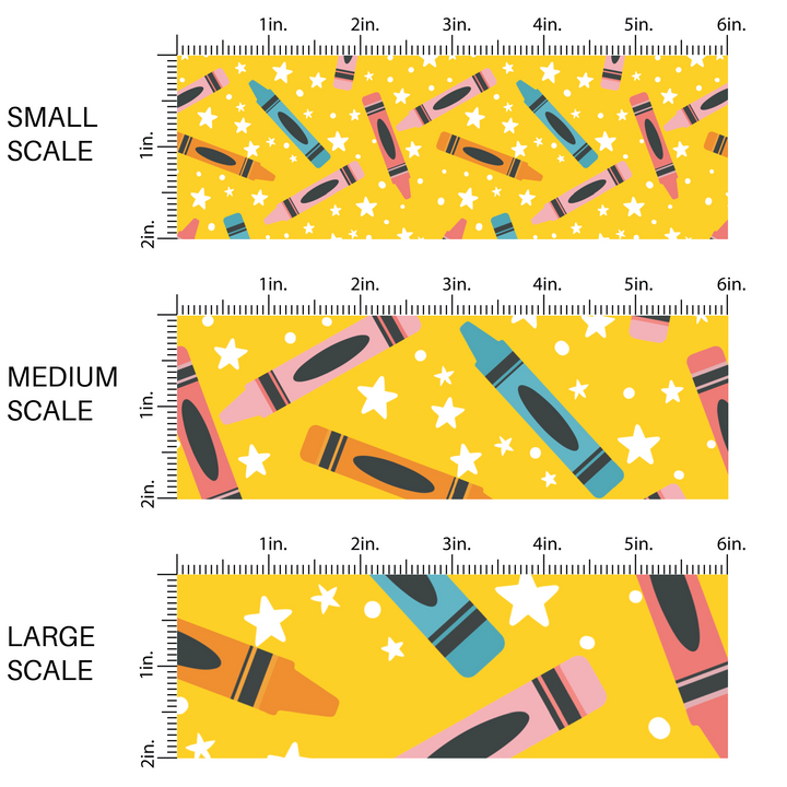 Yellow fabric by the yard scaled image guide with school crayons and white stars and dots.