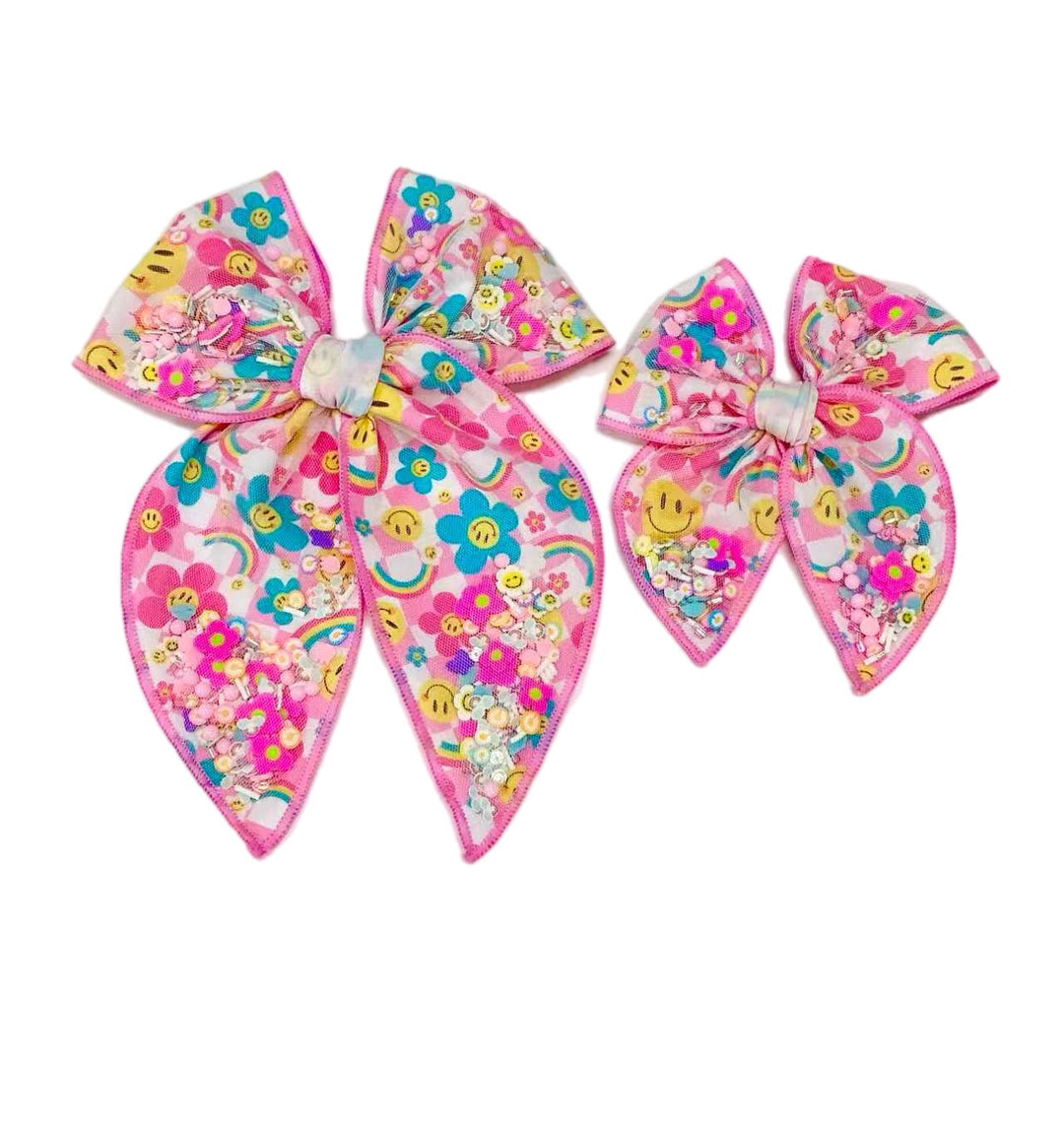 Crazy Daisy Fabric Shaker Hair Tulle Hair Bow w/ Clip