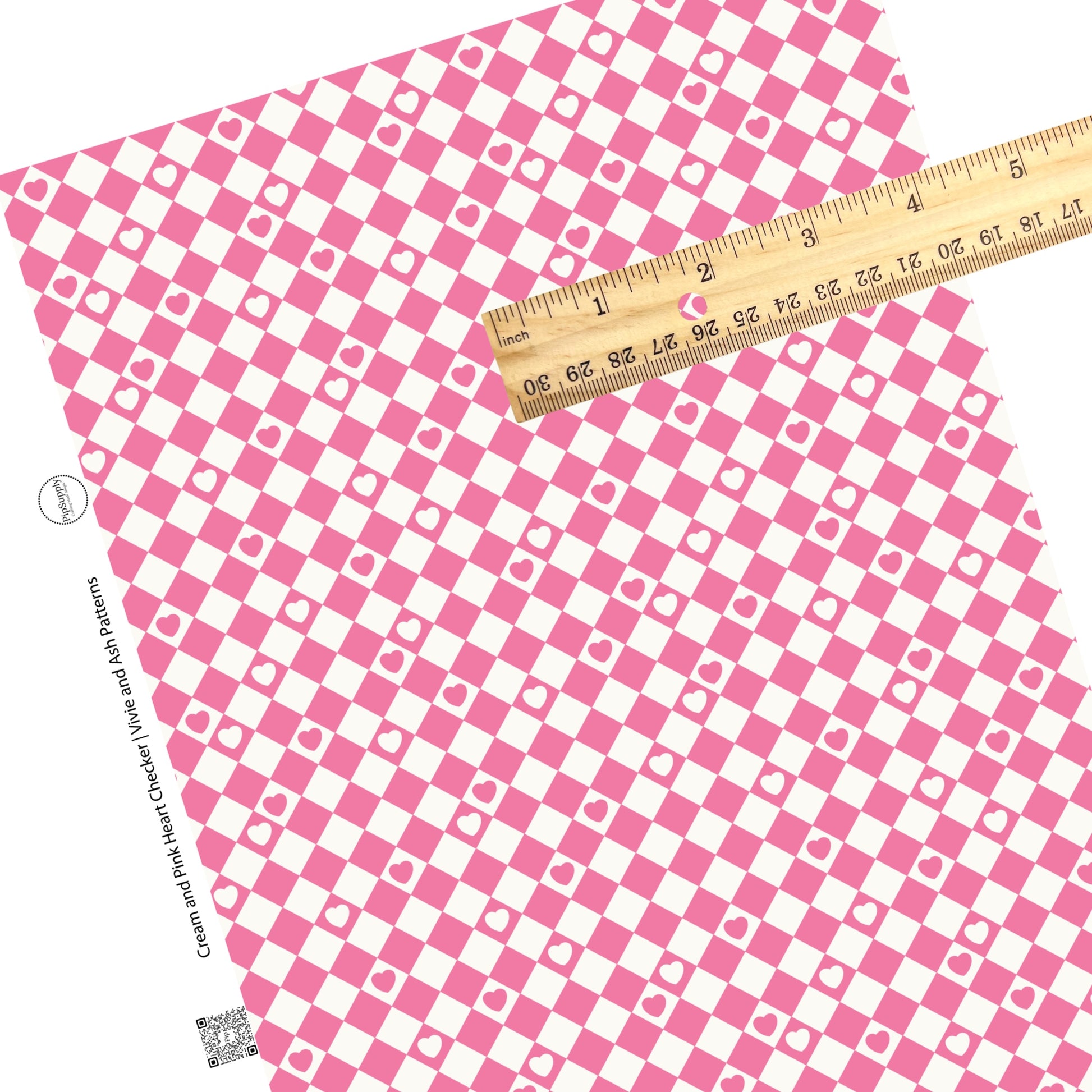 These Valentine's pattern themed faux leather sheets contain the following design elements: pink and cream checker pattern with tiny hearts. Our CPSIA compliant faux leather sheets or rolls can be used for all types of crafting projects.