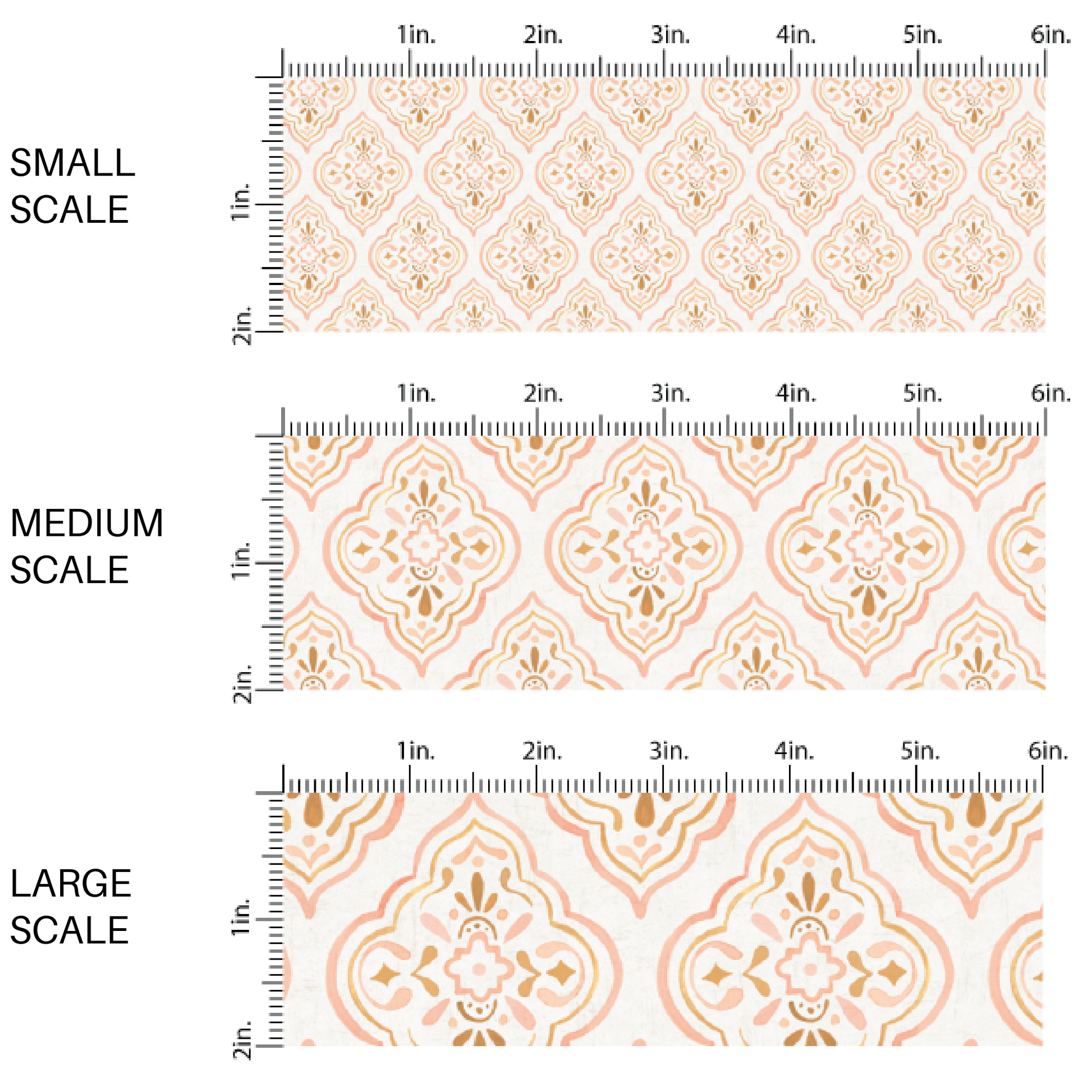 This scale chart of small scale, medium scale, and large scale of these boho pattern themed fabric by the yard features cream boho medallion pattern. This fun pattern fabric can be used for all your sewing and crafting needs!